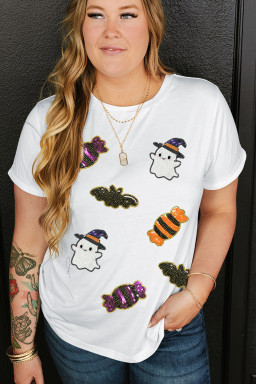 Plus Size White  Sequined Halloween Spirit Cute Patterned T Shirt