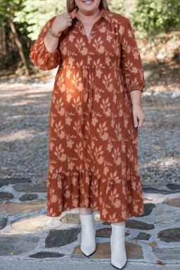 Plus Size Cinnamon  Textured 3D Flower Pattern Ruffle Hem 3/4 Sleeve Long Dress