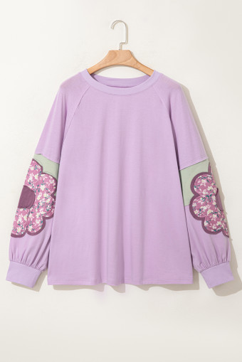 Plus Size Phalaenopsis Flower Patch Colorblock  Pullover Top