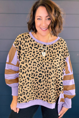 Plus Size Purple Leopard Striped Patchwork  Loose Sweatshirt