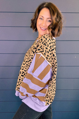 Plus Size Purple Leopard Striped Patchwork  Loose Sweatshirt