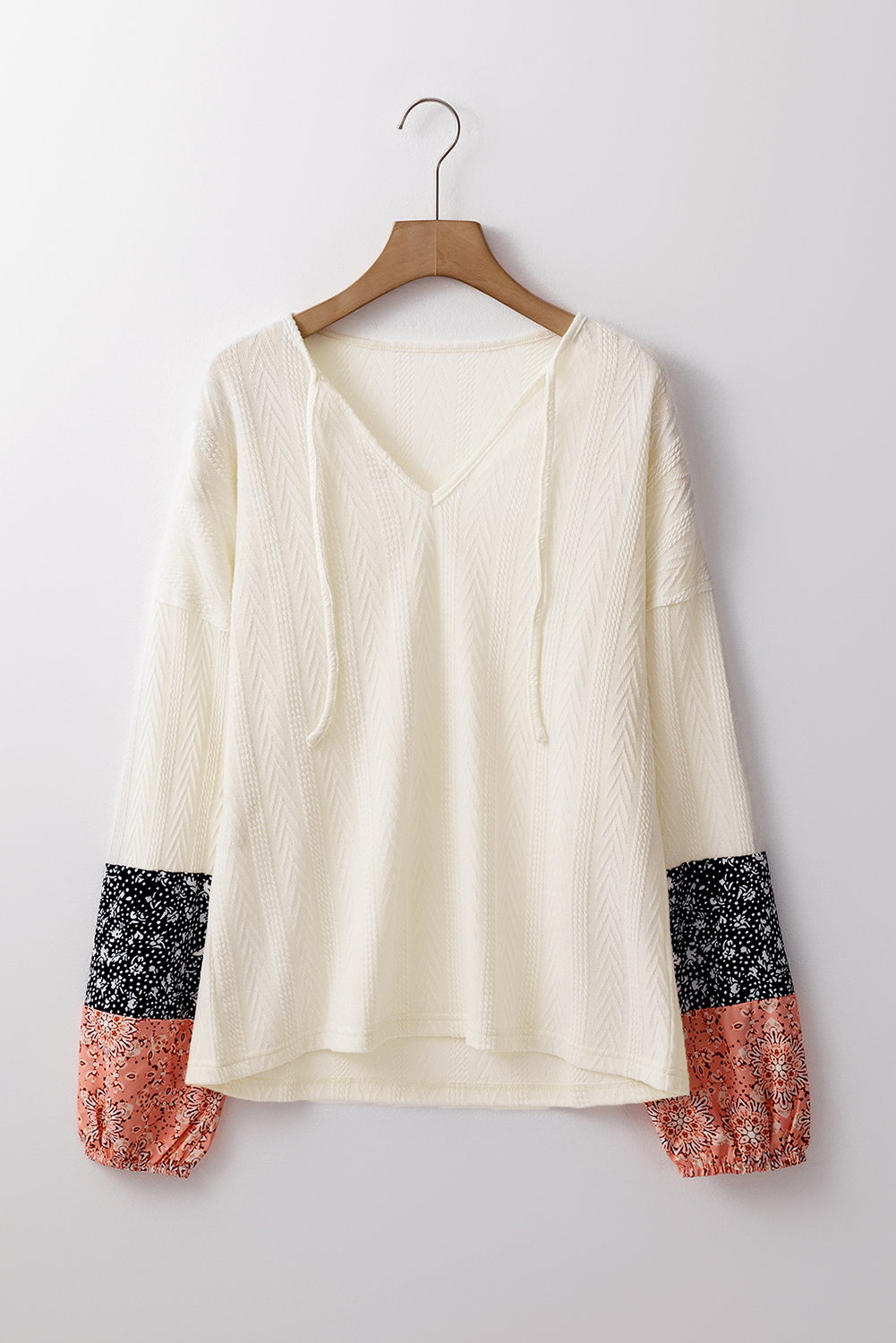 Beige Floral Patchwork Textured Knit Drawstring V Neck Blouse