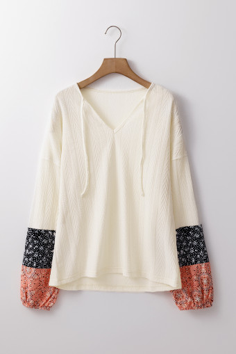 Beige Floral Patchwork Textured Knit Drawstring V Neck Blouse
