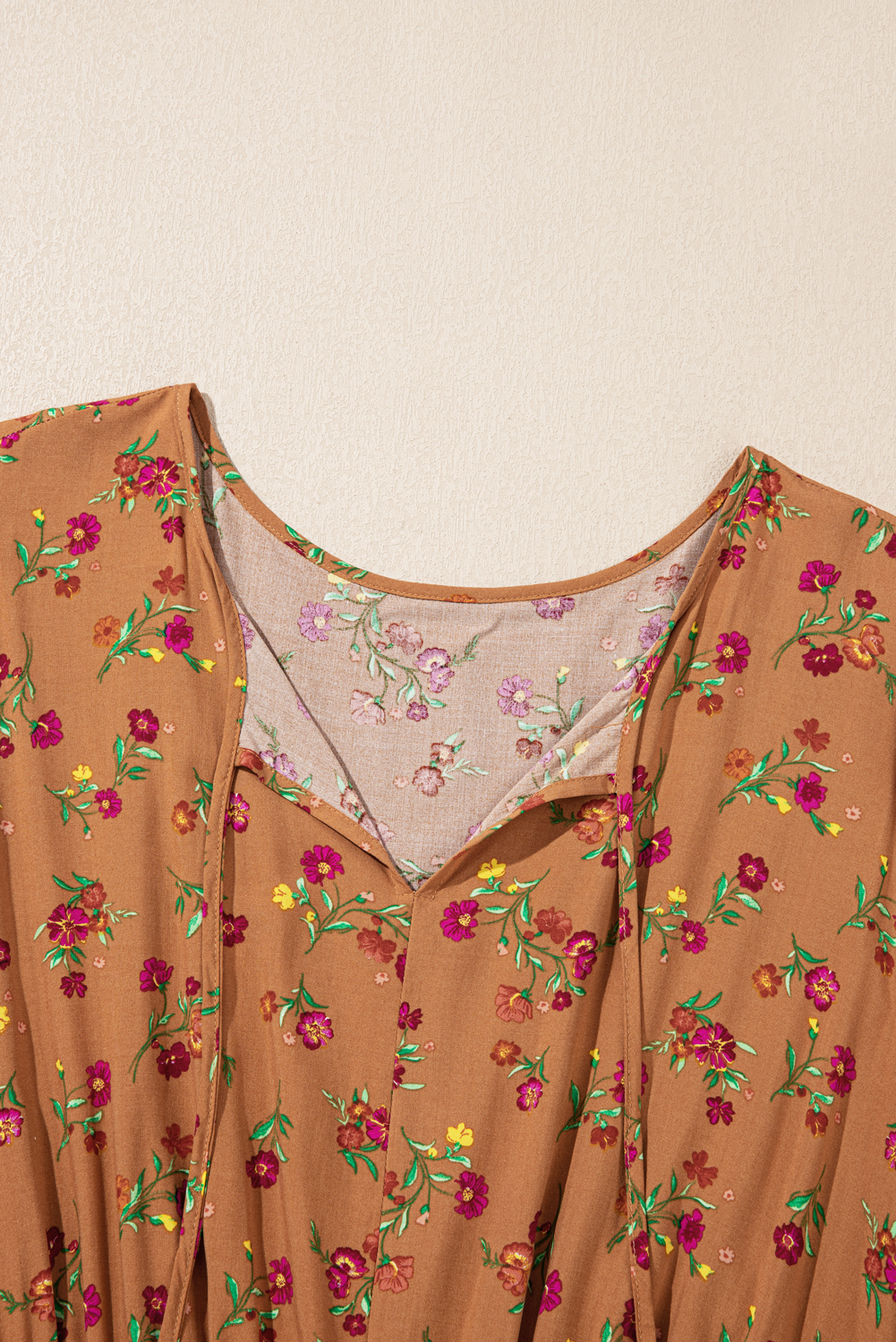 Plus Size Brown  Floral Split V Neck Ruffled Sleeve Tiered Maxi Dress