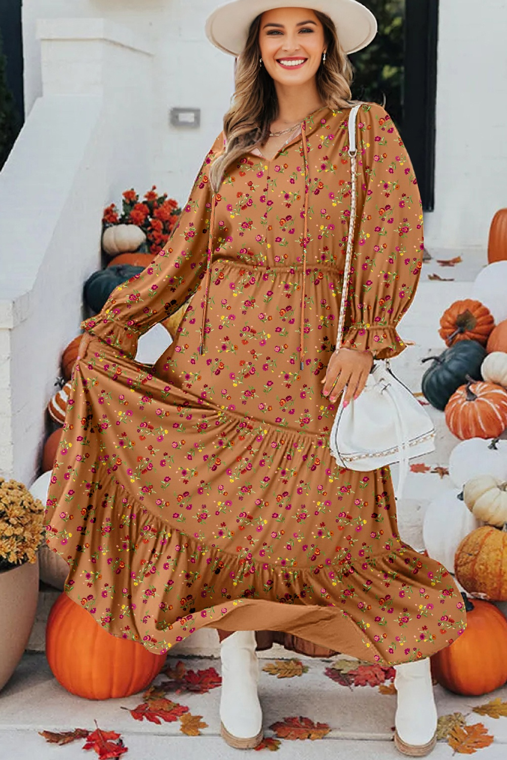 Plus Size Brown  Floral Split V Neck Ruffled Sleeve Tiered Maxi Dress