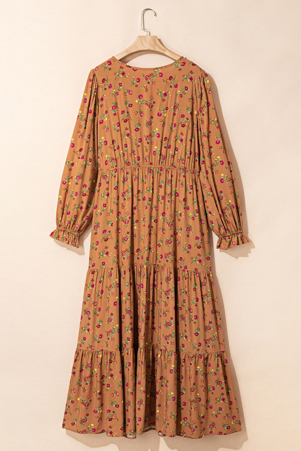 Plus Size Brown  Floral Split V Neck Ruffled Sleeve Tiered Maxi Dress