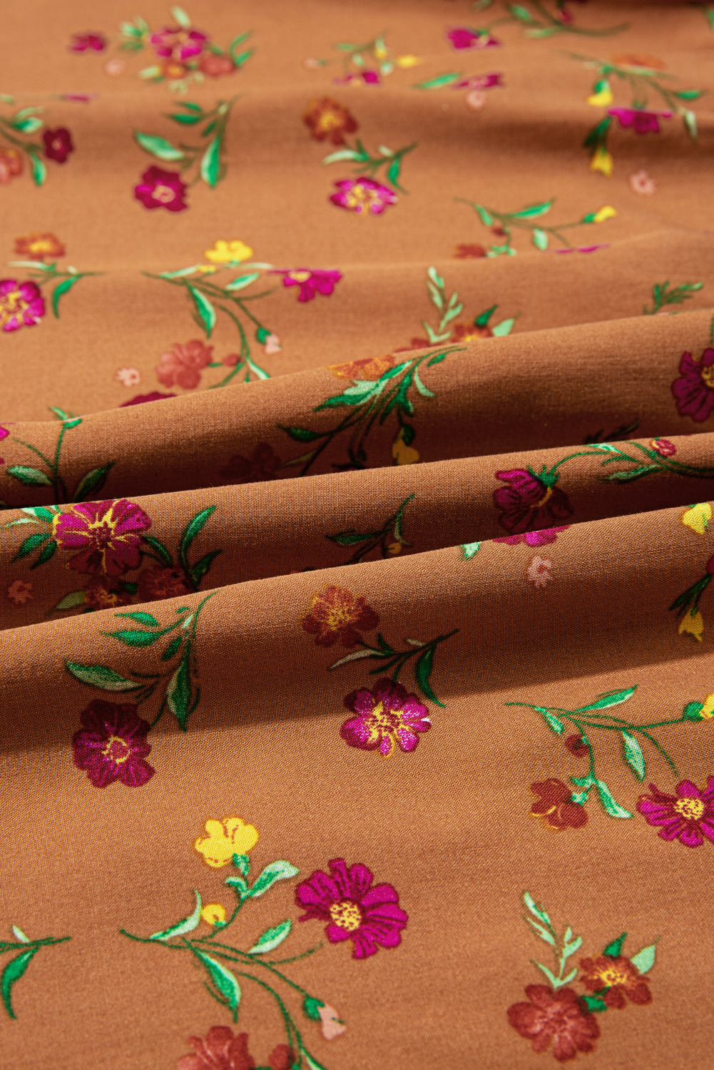 Plus Size Brown  Floral Split V Neck Ruffled Sleeve Tiered Maxi Dress