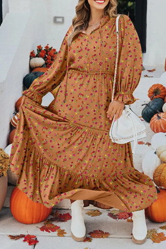 Plus Size Brown  Floral Split V Neck Ruffled Sleeve Tiered Maxi Dress