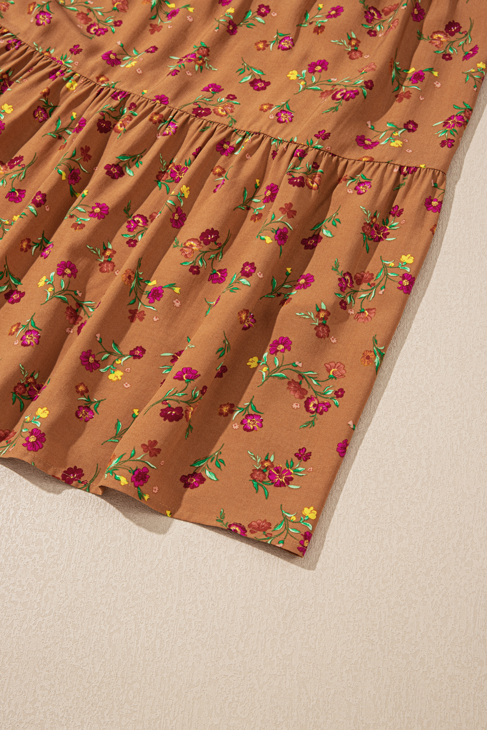 Plus Size Brown  Floral Split V Neck Ruffled Sleeve Tiered Maxi Dress