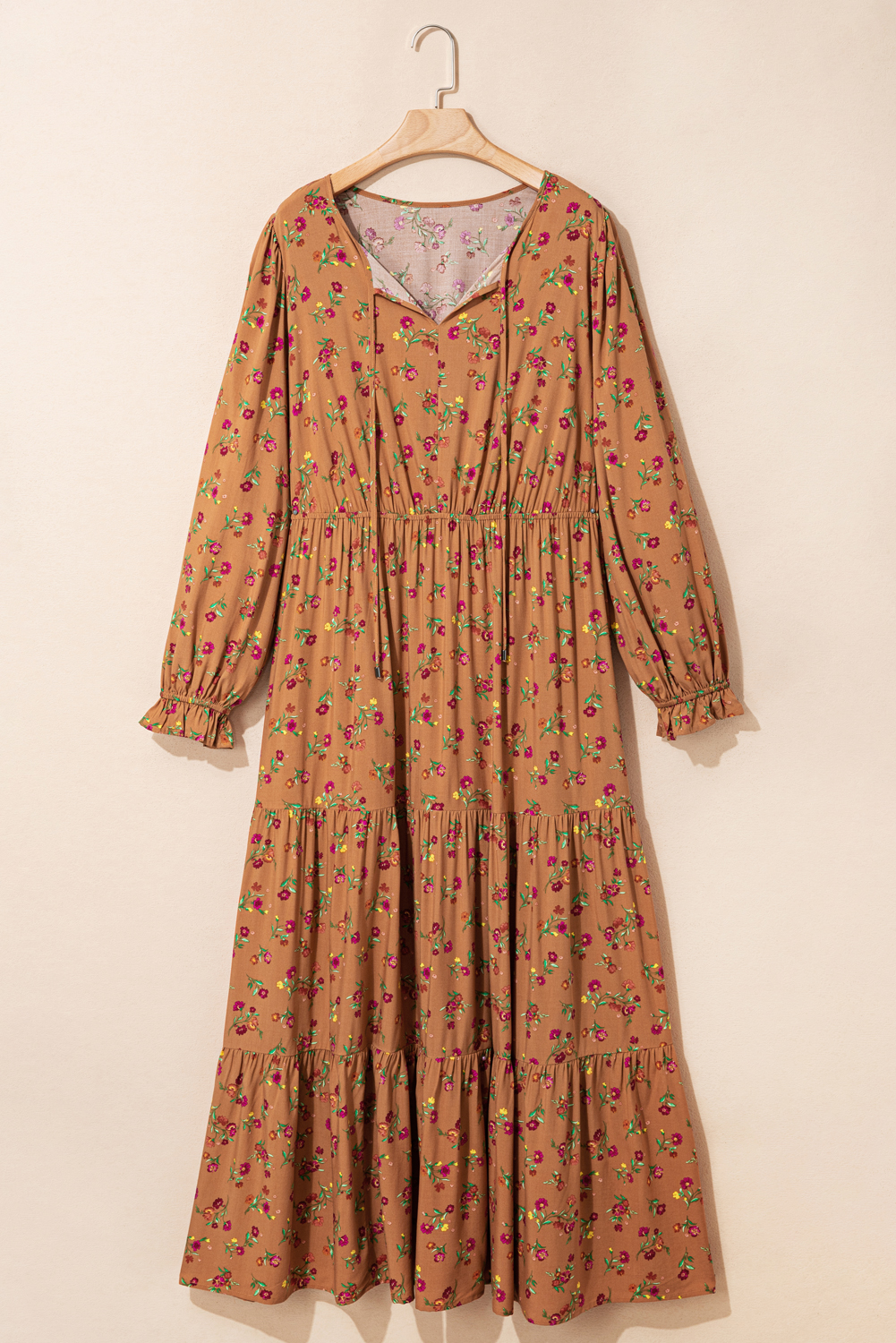 Plus Size Brown  Floral Split V Neck Ruffled Sleeve Tiered Maxi Dress