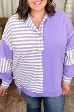Plus Size Purple Stripe Patchwork Buttoned Drop Shoulder  Pullover