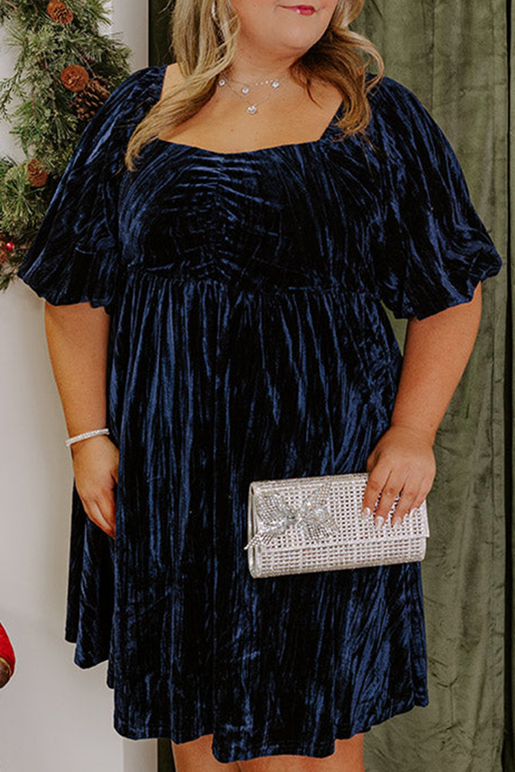 Navy Blue Velvet Ruched Bust Square Neck Short Puff Sleeve Plus Dress