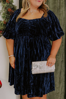 Navy Blue Velvet Ruched Bust Square Neck Short Puff Sleeve Plus Dress