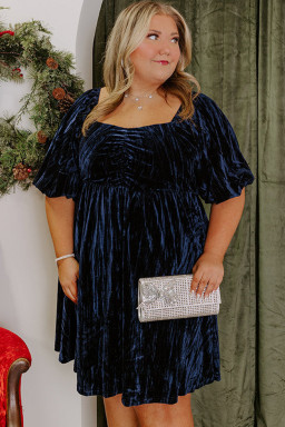 Navy Blue Velvet Ruched Bust Square Neck Short Puff Sleeve Plus Dress