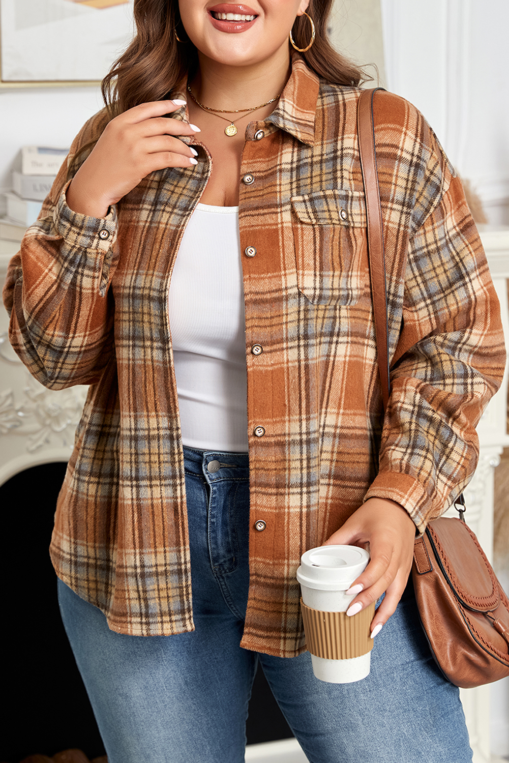 Plus Size Brown Plaid Print Flap Pocket Buttoned  Shacket