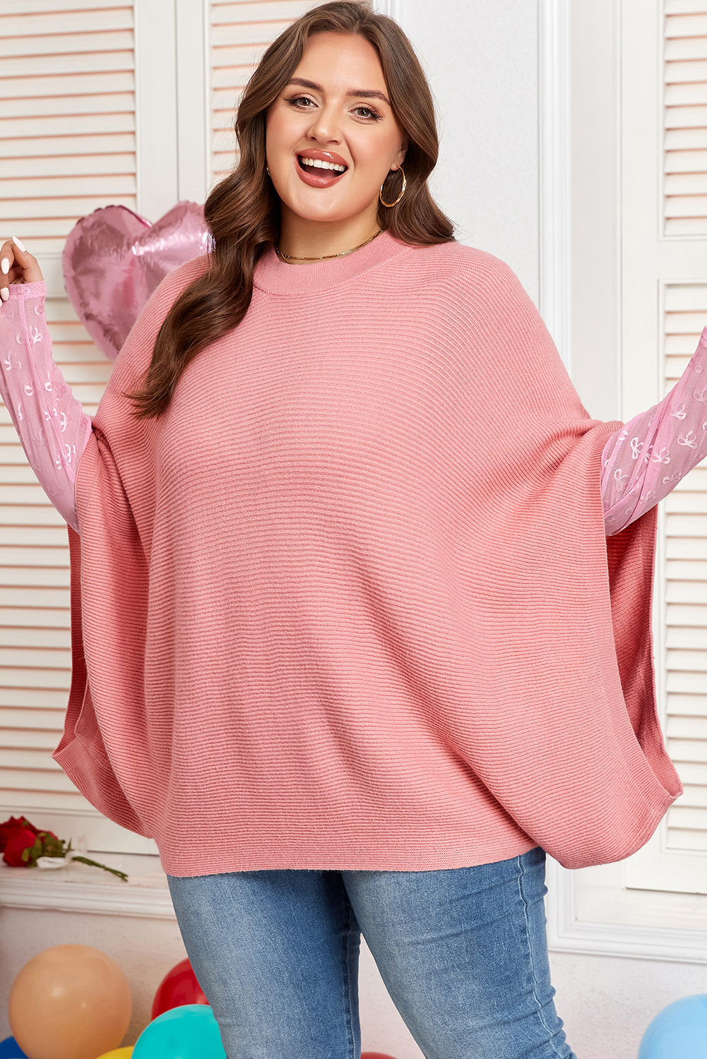 Plus Size Light Pink Ribbed Knit Half Sleeve  Poncho Style Sweater