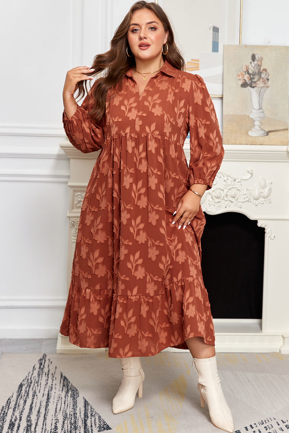 Plus Size Cinnamon  Textured 3D Flower Pattern Ruffle Hem 3/4 Sleeve Long Dress