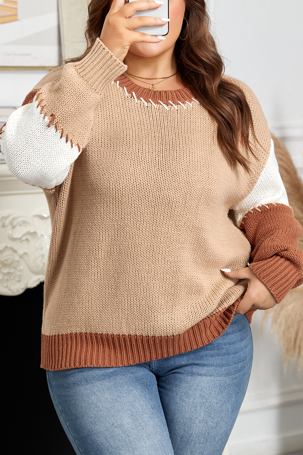 Plus Size Light French Beige Contrast Stitch Detail Color Block Knitted  Sweater