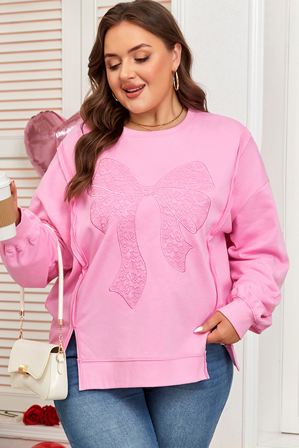 Plus Size Pink Big Bow Lace Embroidered Dolman Sleeve Slit  Sweatshirt