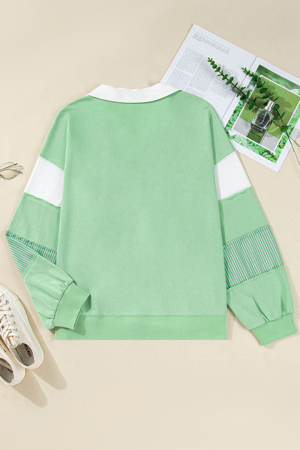 Plus Size Moonlight Jade Color Block Striped Patchwork Collar V Neck  Sweatshirt