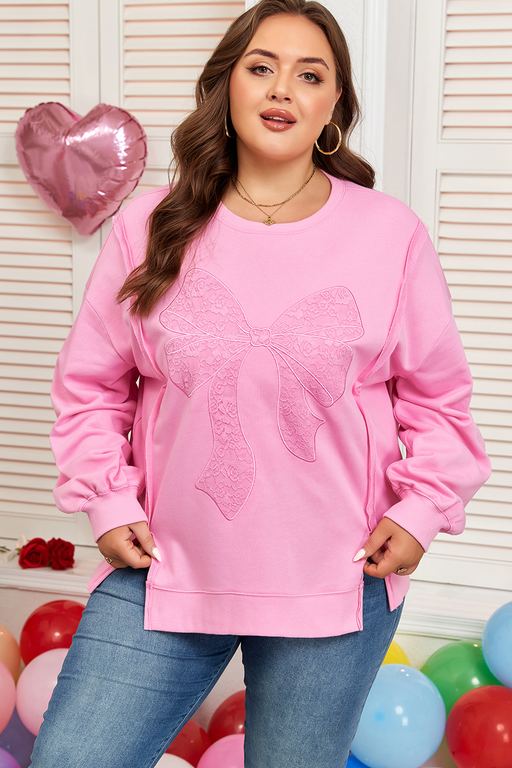 Plus Size Pink Big Bow Lace Embroidered Dolman Sleeve Slit  Sweatshirt