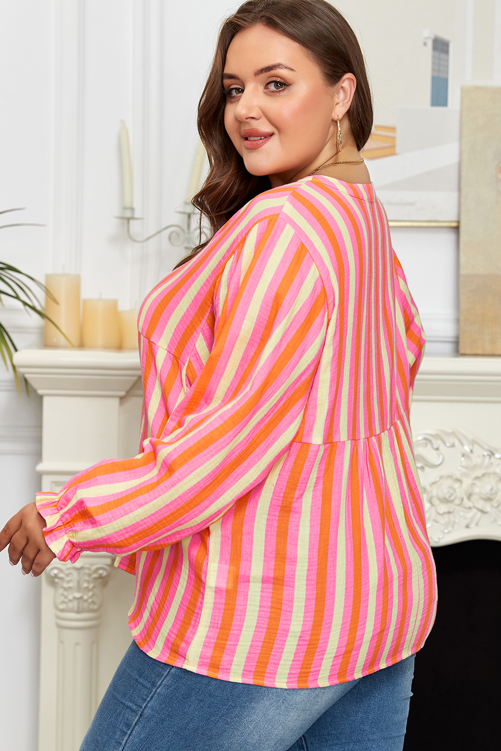 Plus Size Pink Stripe Crinkled Half Buttons V Neck  Blouse