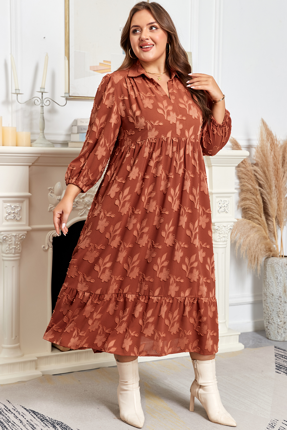 Plus Size Cinnamon  Textured 3D Flower Pattern Ruffle Hem 3/4 Sleeve Long Dress