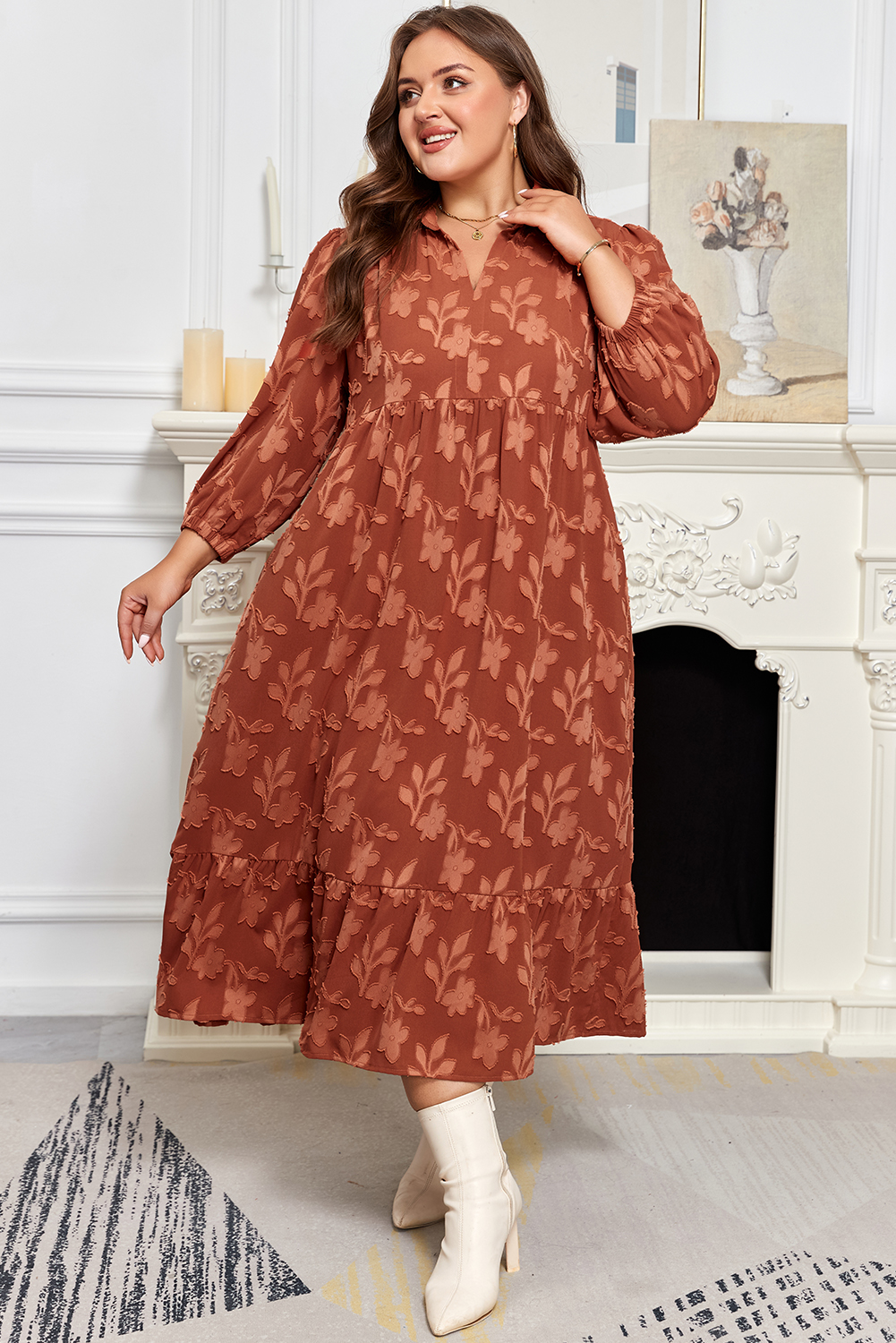 Plus Size Cinnamon  Textured 3D Flower Pattern Ruffle Hem 3/4 Sleeve Long Dress