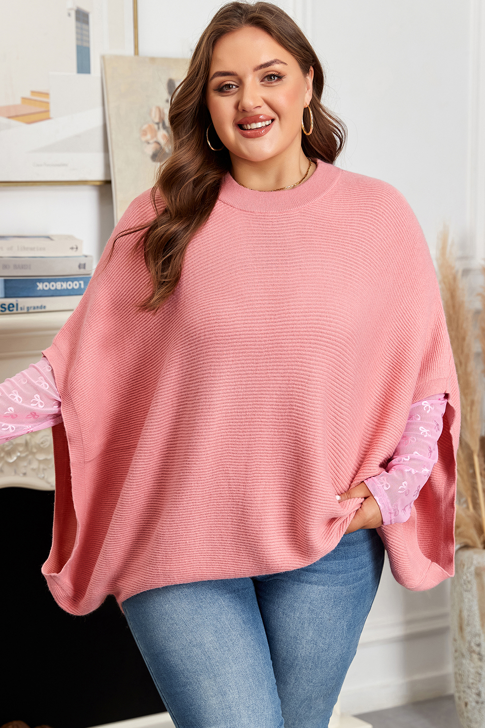 Plus Size Light Pink Ribbed Knit Half Sleeve  Poncho Style Sweater