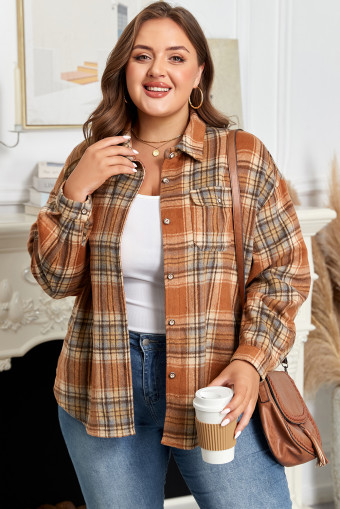 Plus Size Brown Plaid Print Flap Pocket Buttoned  Shacket