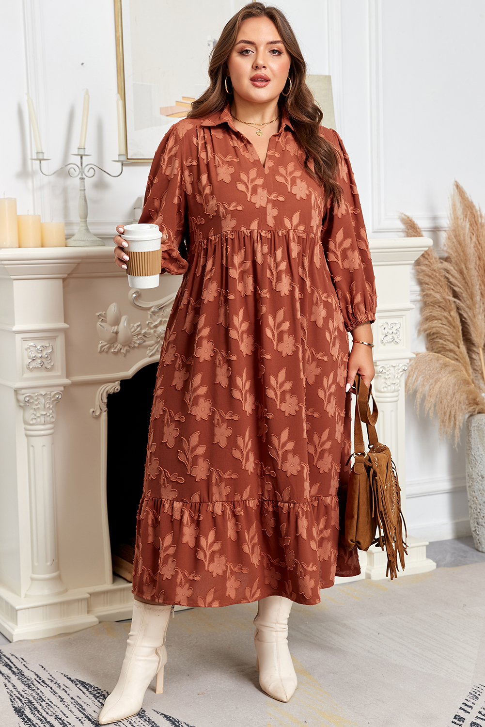 Plus Size Cinnamon  Textured 3D Flower Pattern Ruffle Hem 3/4 Sleeve Long Dress