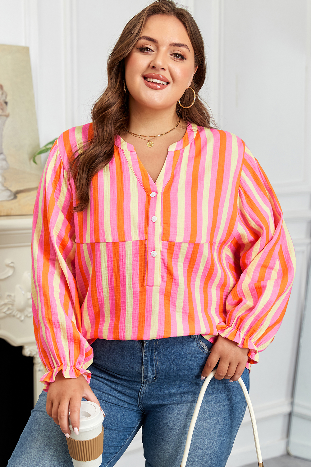 Plus Size Pink Stripe Crinkled Half Buttons V Neck  Blouse