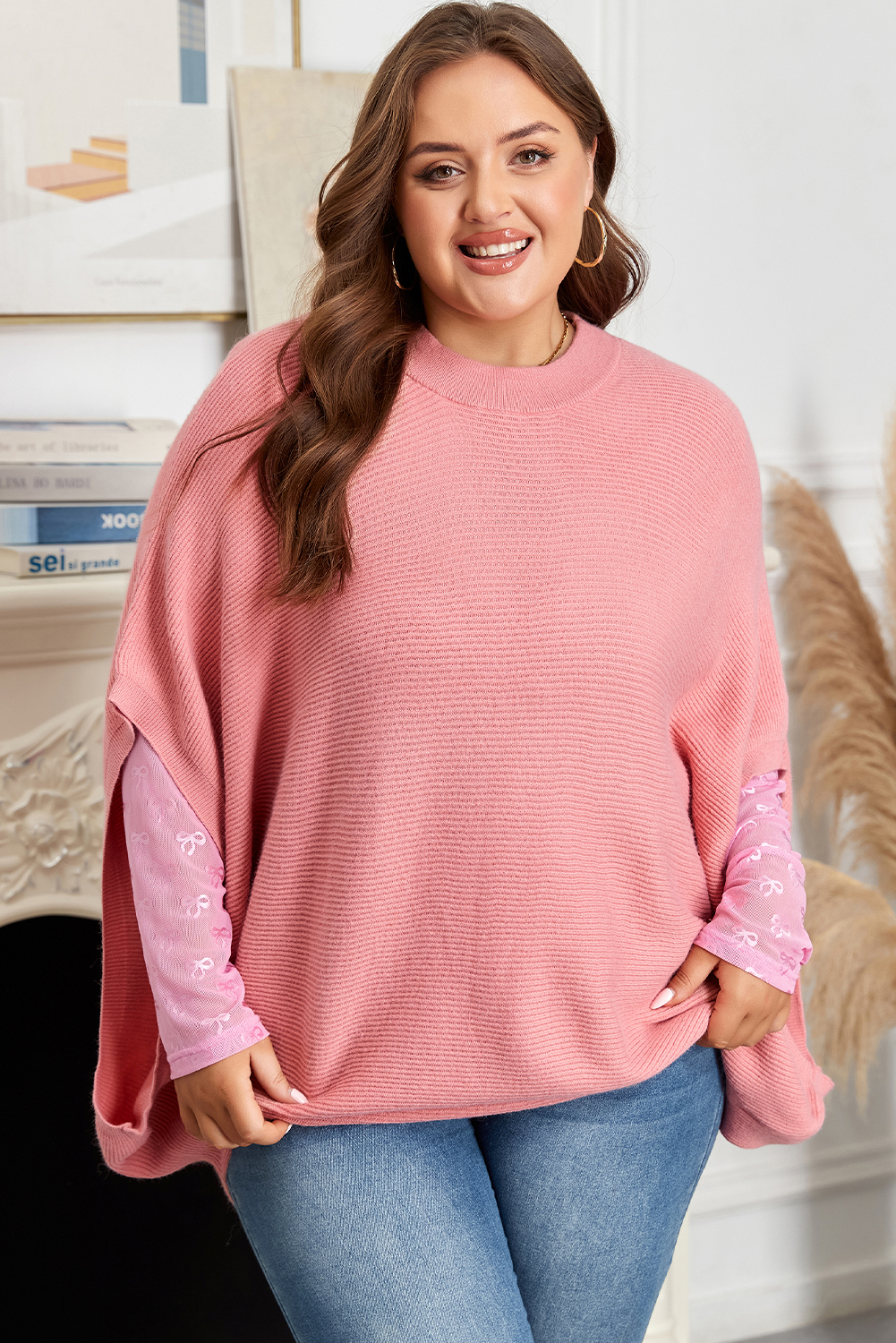 Plus Size Light Pink Ribbed Knit Half Sleeve  Poncho Style Sweater