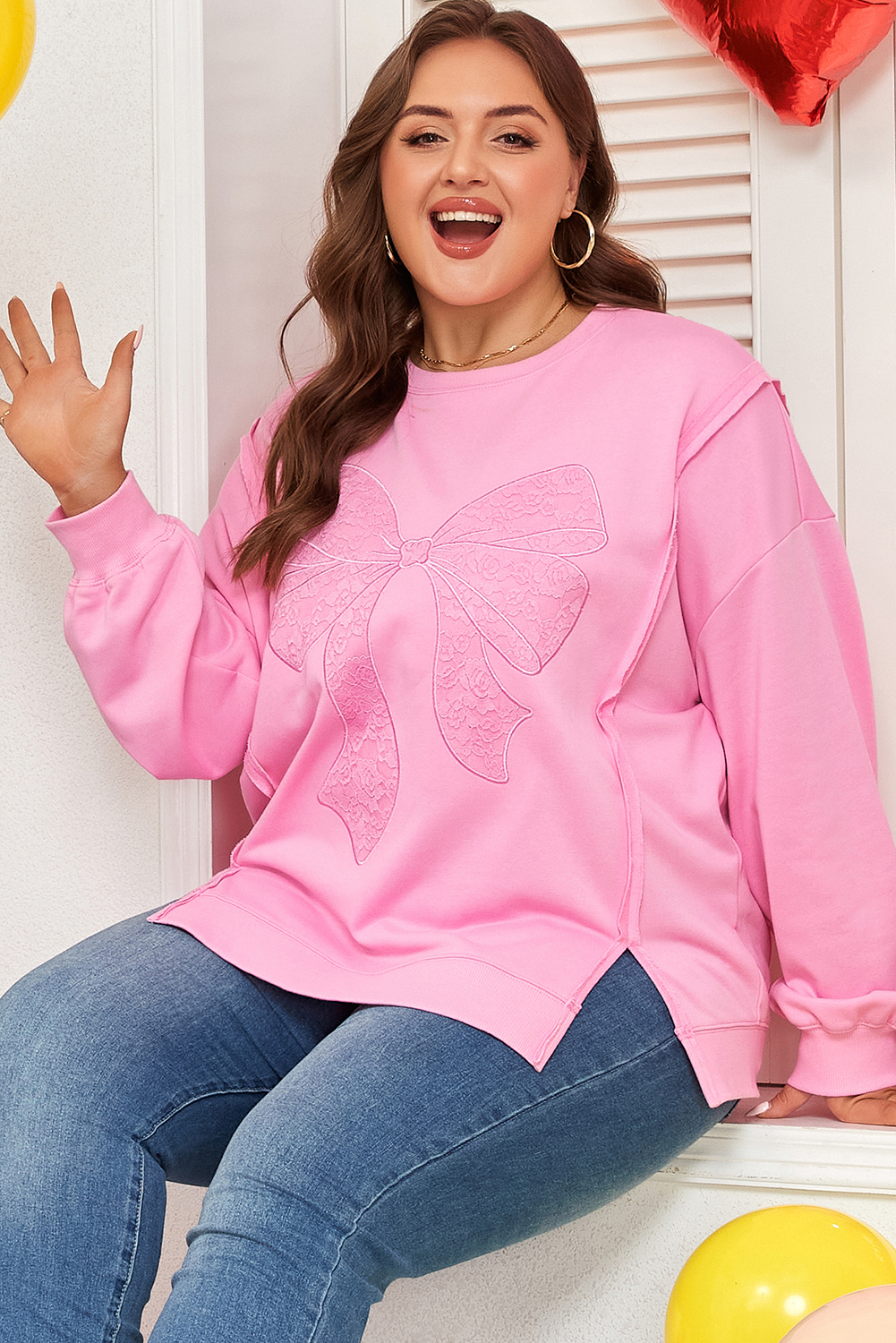 Plus Size Pink Big Bow Lace Embroidered Dolman Sleeve Slit  Sweatshirt