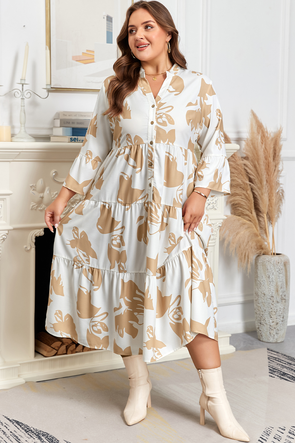 Plus Size Khaki Patterned Ruffled Sleeve Half Placket Tiered A-line  Long Dress