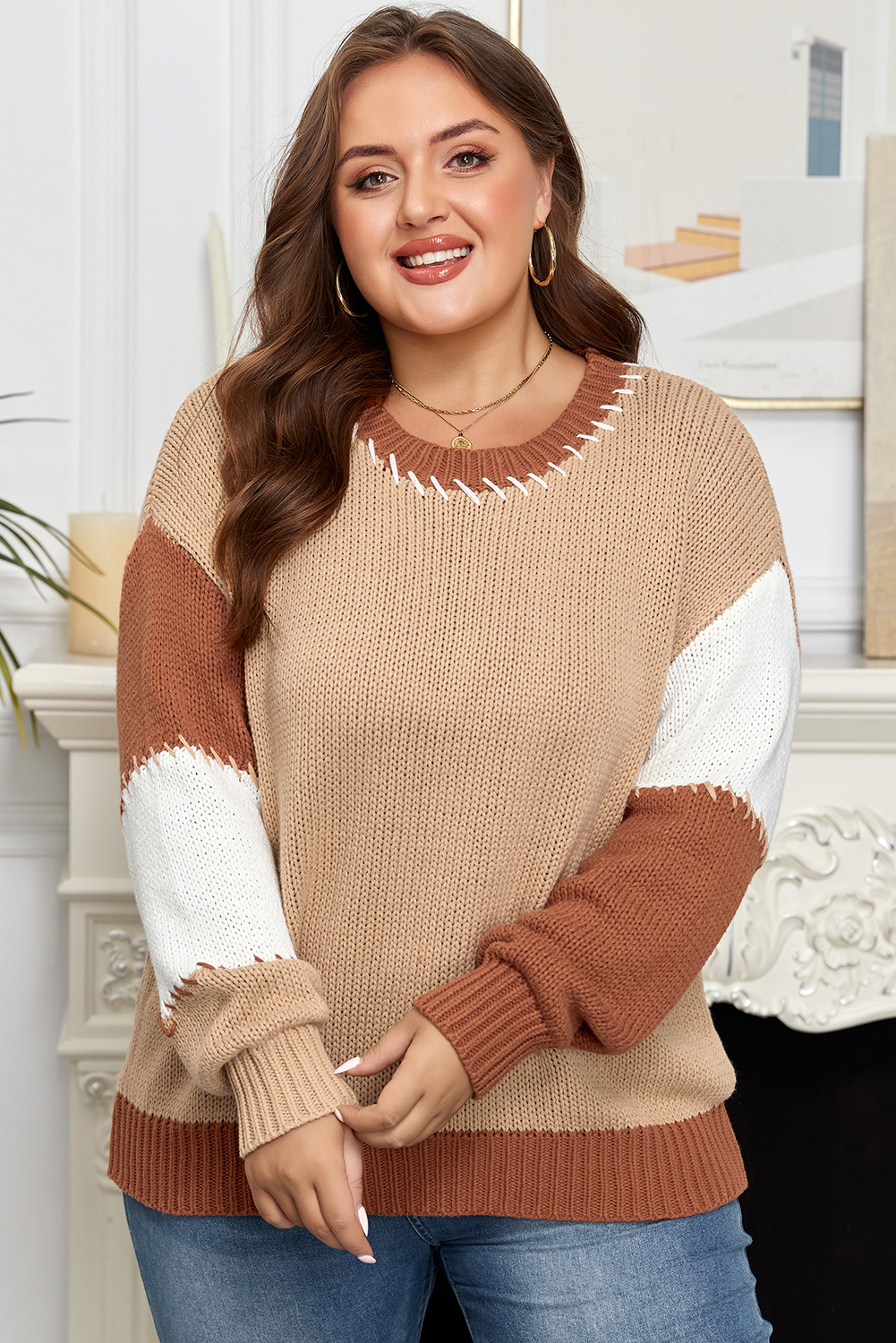 Plus Size Light French Beige Contrast Stitch Detail Color Block Knitted  Sweater