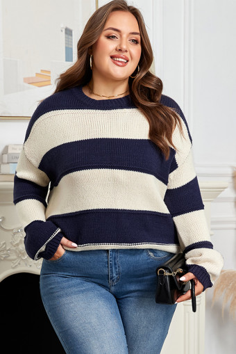 Plus Size Blue Stripe Color Block  Drop Shoulder Sweater
