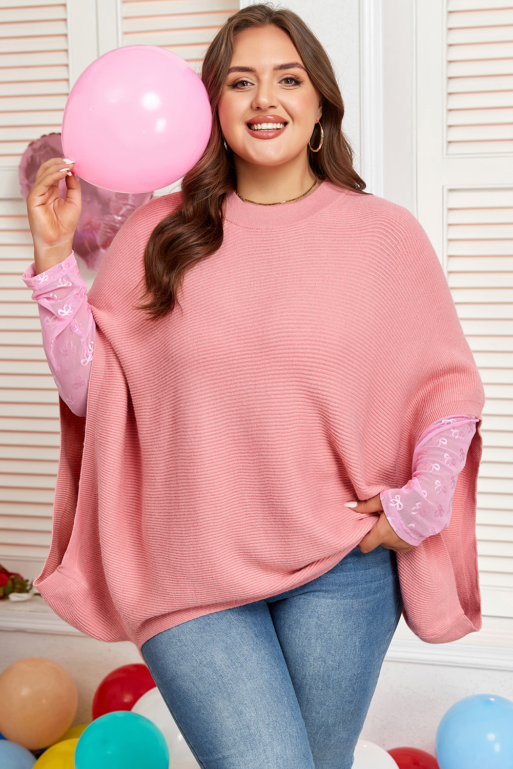 Plus Size Light Pink Ribbed Knit Half Sleeve  Poncho Style Sweater
