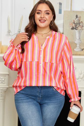 Plus Size Pink Stripe Crinkled Half Buttons V Neck  Blouse
