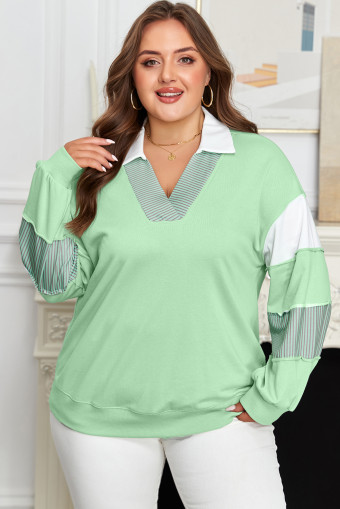 Plus Size Moonlight Jade Color Block Striped Patchwork Collar V Neck  Sweatshirt