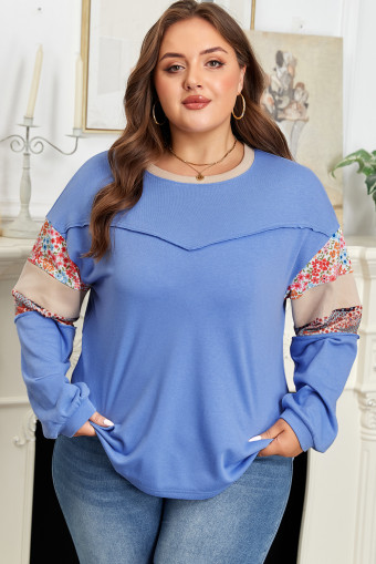 Plus Size Blue Exposed Seam Floral Mixed Patchwork Relaxed  Sweatshirt