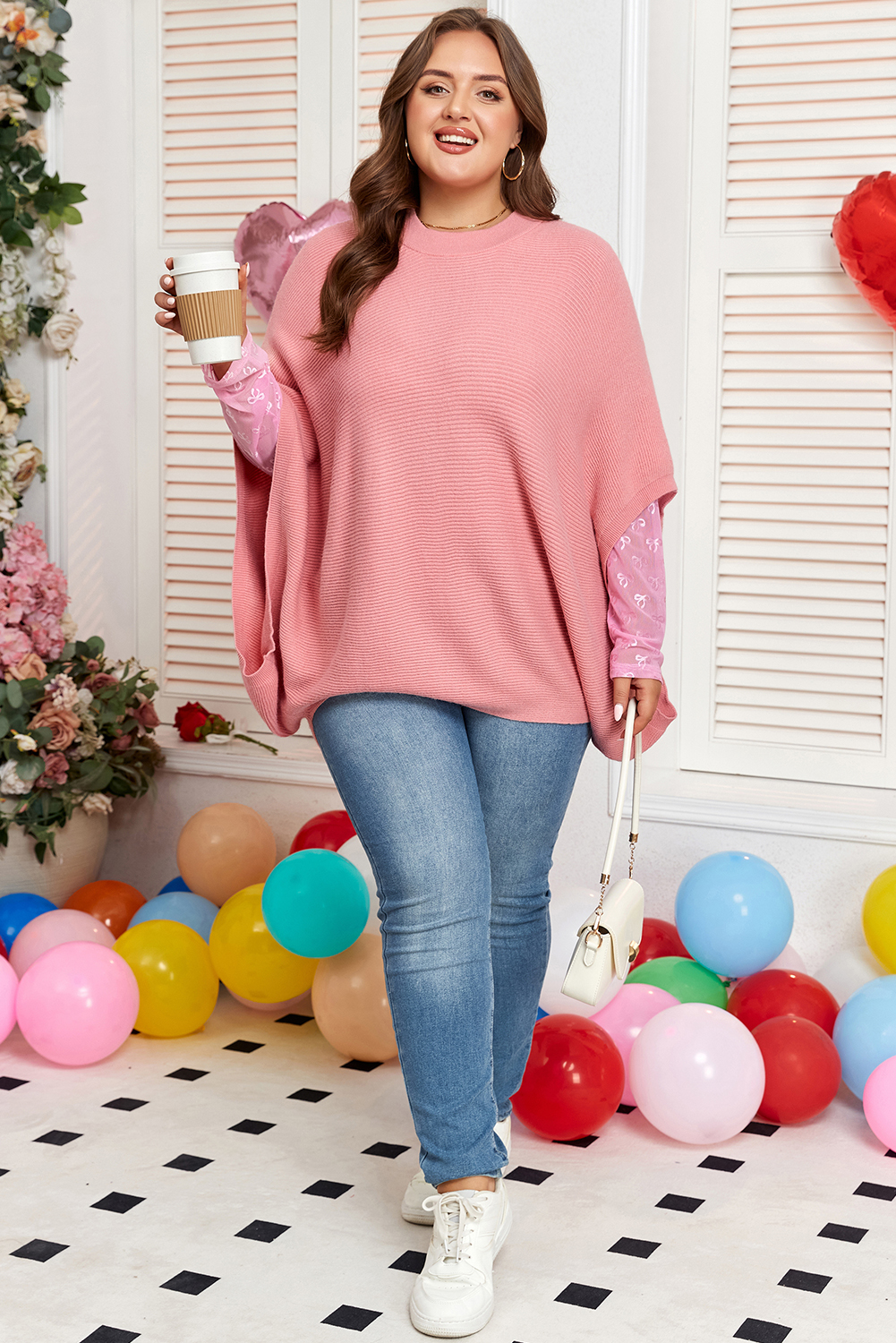 Plus Size Light Pink Ribbed Knit Half Sleeve  Poncho Style Sweater