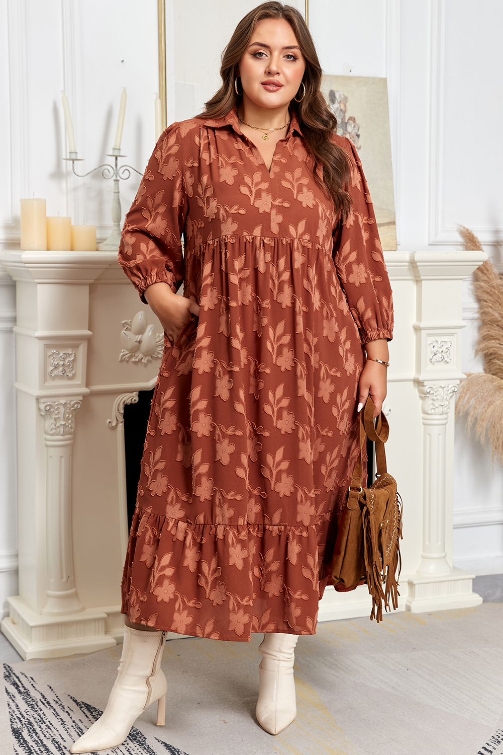 Plus Size Cinnamon  Textured 3D Flower Pattern Ruffle Hem 3/4 Sleeve Long Dress