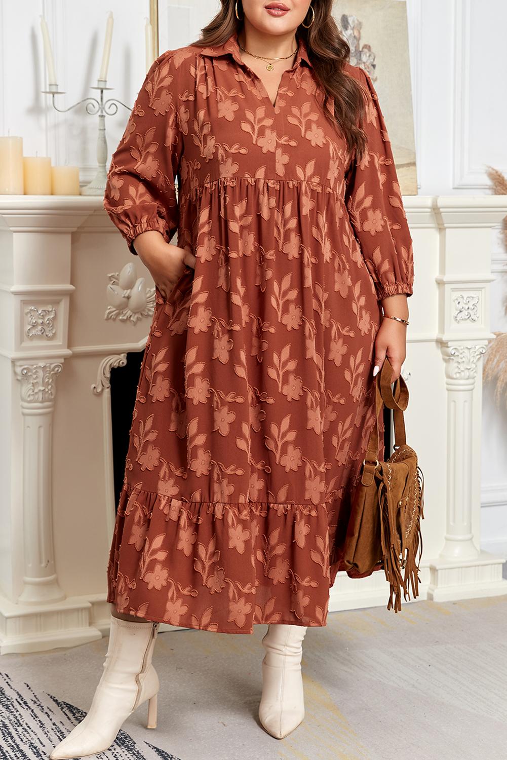 Plus Size Cinnamon  Textured 3D Flower Pattern Ruffle Hem 3/4 Sleeve Long Dress