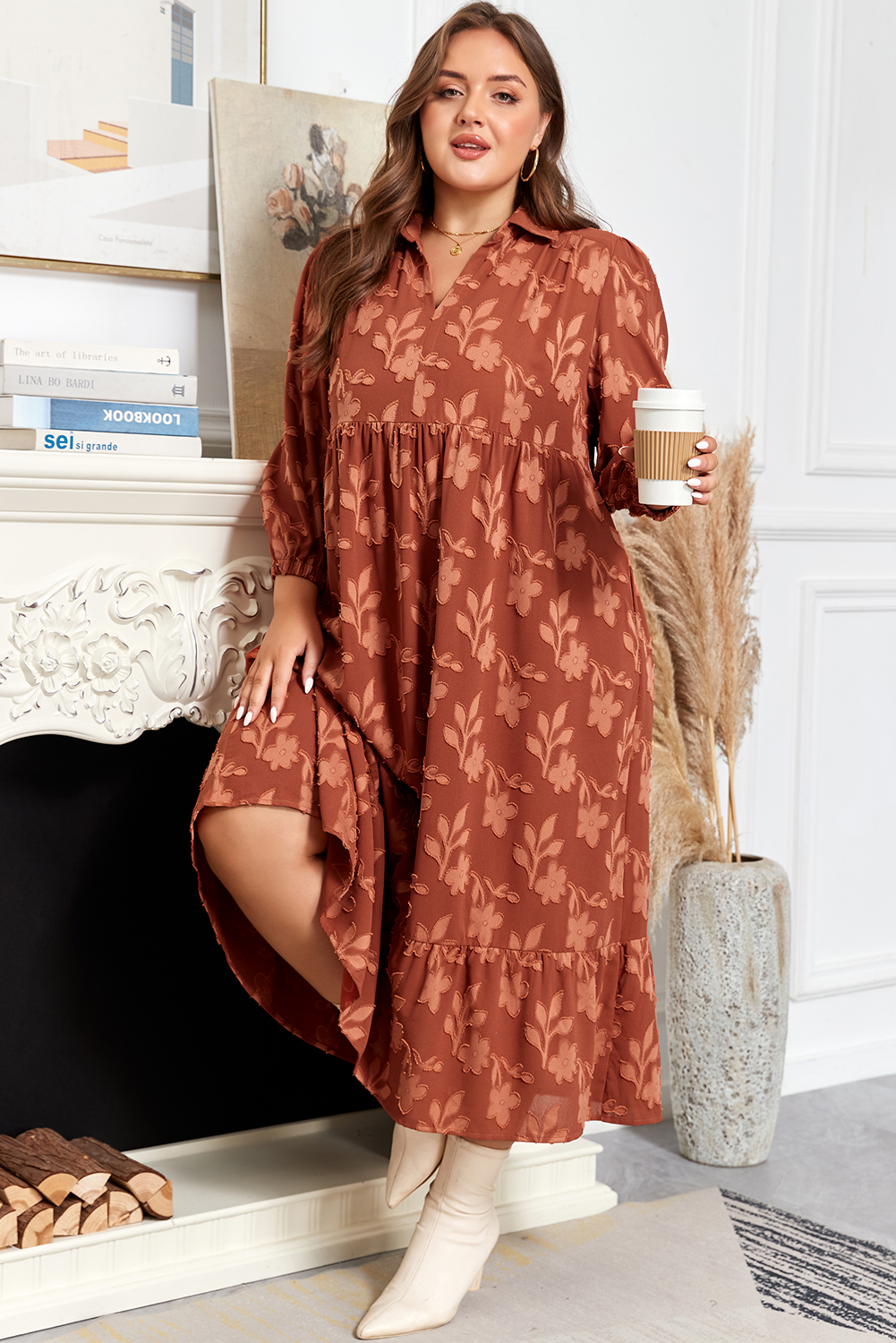 Plus Size Cinnamon  Textured 3D Flower Pattern Ruffle Hem 3/4 Sleeve Long Dress