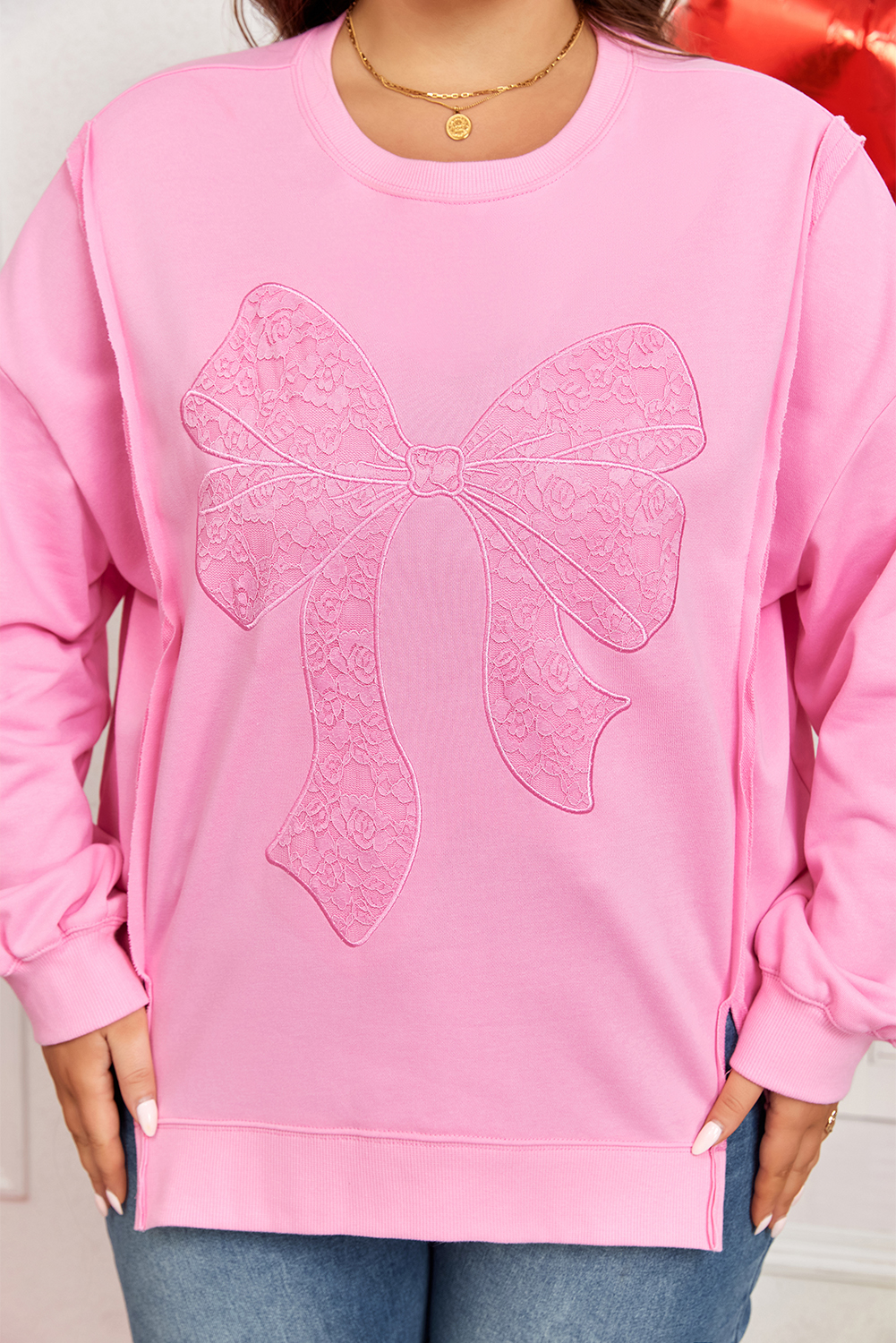 Plus Size Pink Big Bow Lace Embroidered Dolman Sleeve Slit  Sweatshirt