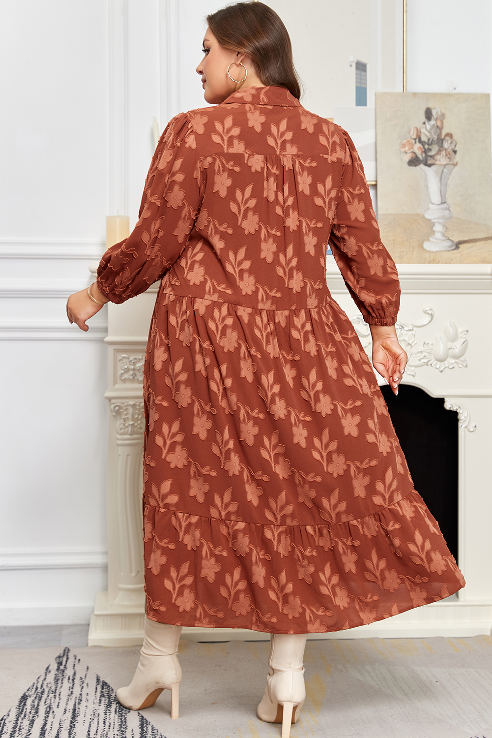 Plus Size Cinnamon  Textured 3D Flower Pattern Ruffle Hem 3/4 Sleeve Long Dress