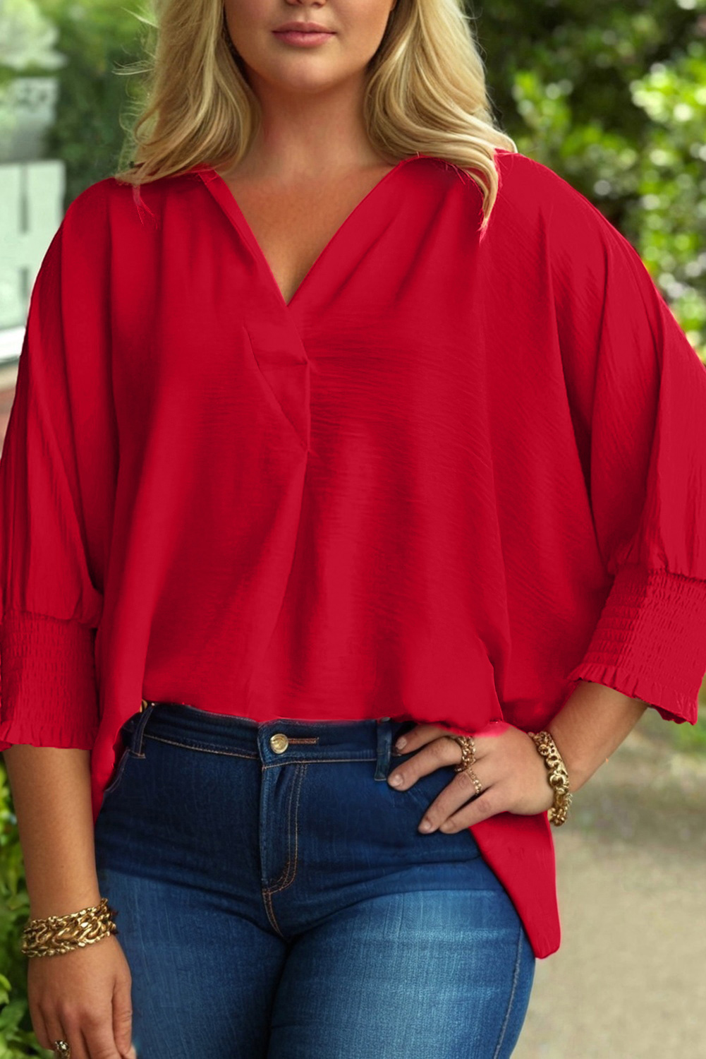 Plus Size Fiery Red  Smocked Cuff Dolman Oversized Tunic Blouse