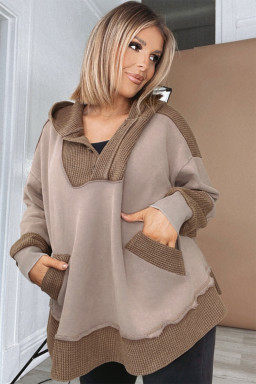 Plus Size Goat Waffle Contrast Patchwork  Pocketed Hoodie