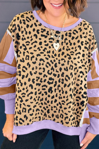 Plus Size Purple Leopard Striped Patchwork  Loose Sweatshirt